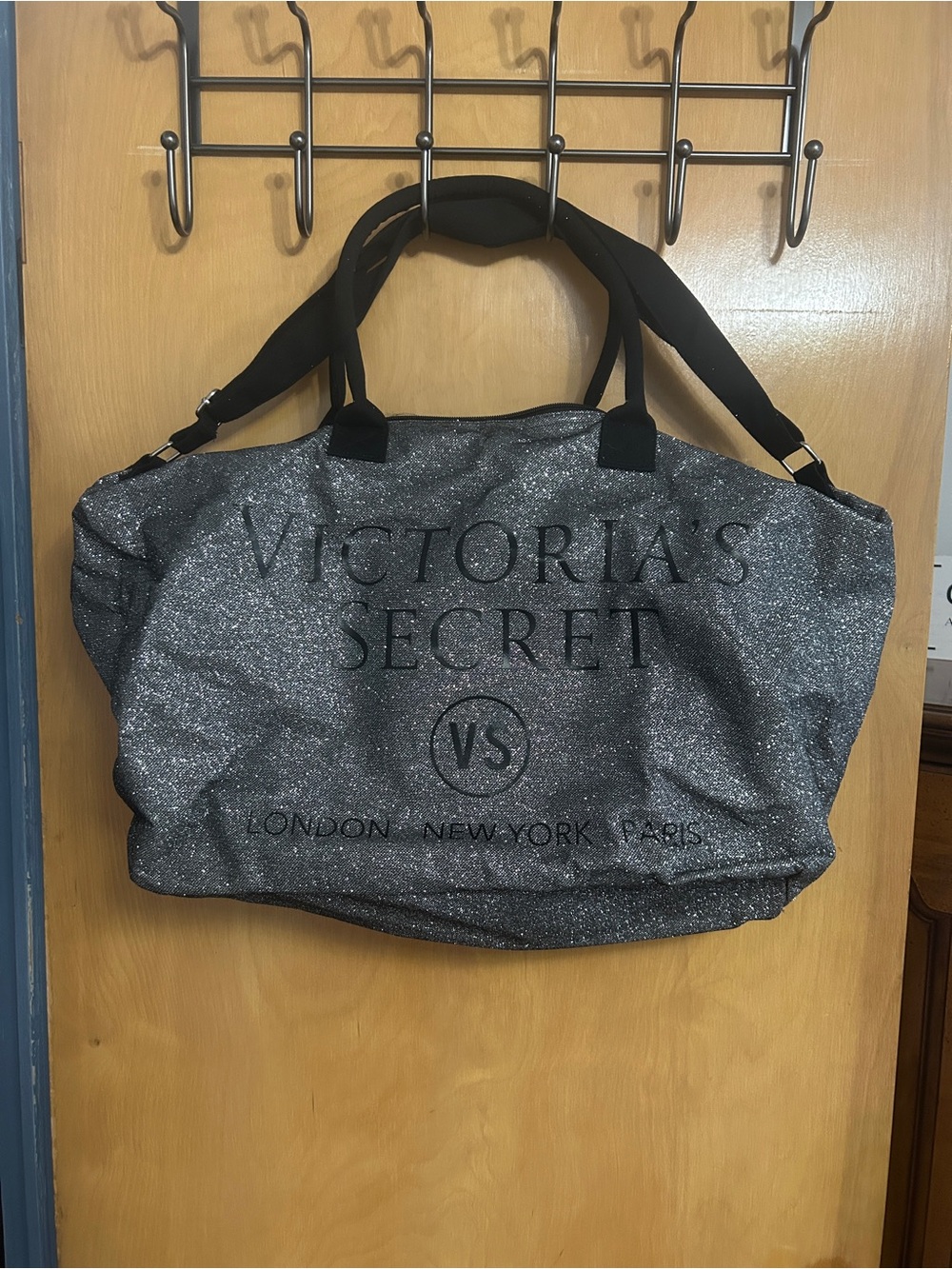 Victoria's Secret Glitter Silver Weekend Tote with Black Straps